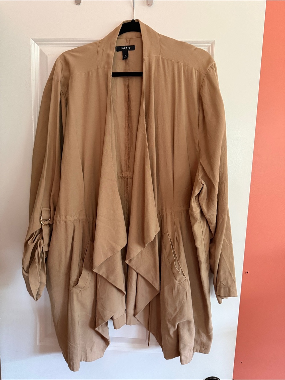 Torrid Camel Draped Open-Front drawstring waist jacket Size 4